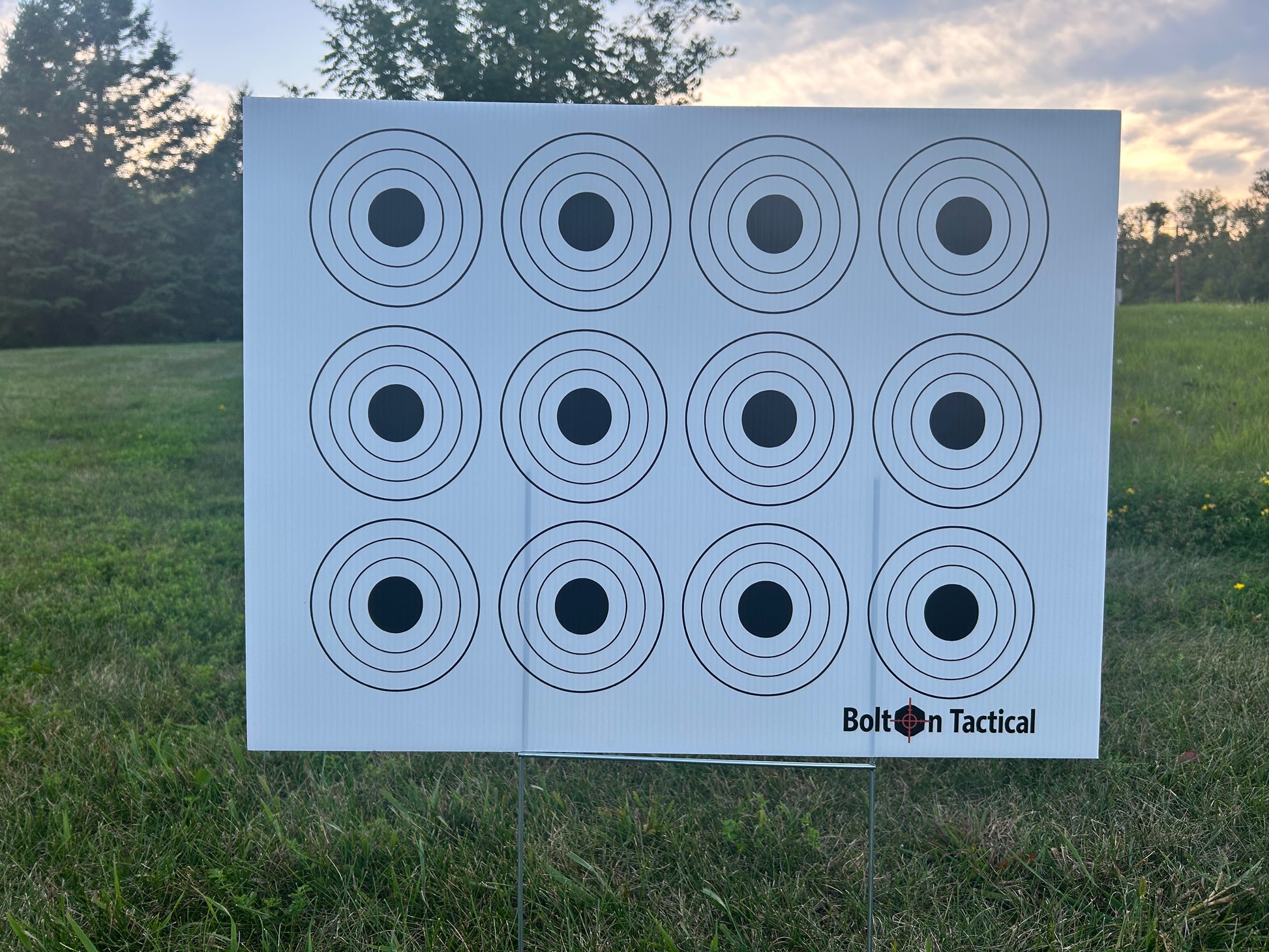A white Bolton Tactical target stand with 12 circular bullseye targets, set up outdoors on a grassy field with trees and a sunset sky in the background.
