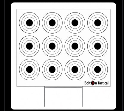 A white rectangular shooting target board with 12 bullseye-style concentric target circles arranged in a 3x4 grid, shown on a stand against a black background. The Bolt on Tactical logo appears in the lower right corner of the board.