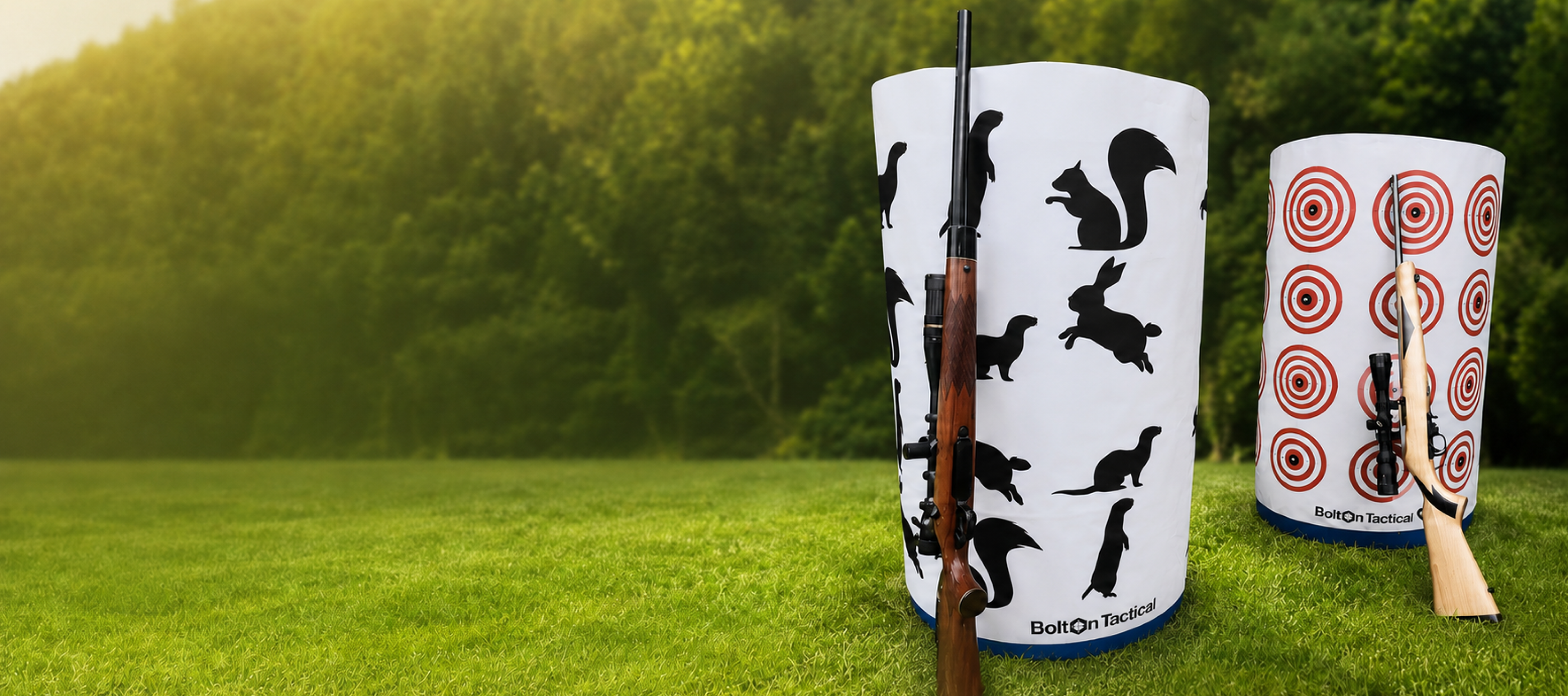 Two cylindrical Bullseye Target practice stands on a grassy field with a forest background. One stand is white with black animal silhouettes, and the other is white with red bullseye targets.