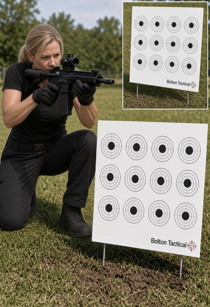 A woman in black tactical clothing kneels on grass holding a black rifle with a scope, with two white Bolton Tactical target sheets displayed in the background and upper right inset.
