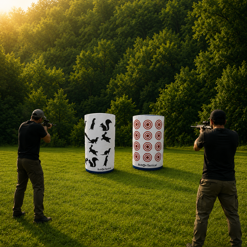 Two people standing outdoors on a grassy field with trees in the background, aiming firearms toward two cylindrical targets. One target has black bird silhouettes on a white background, and the other has red bullseye targets on a white background.